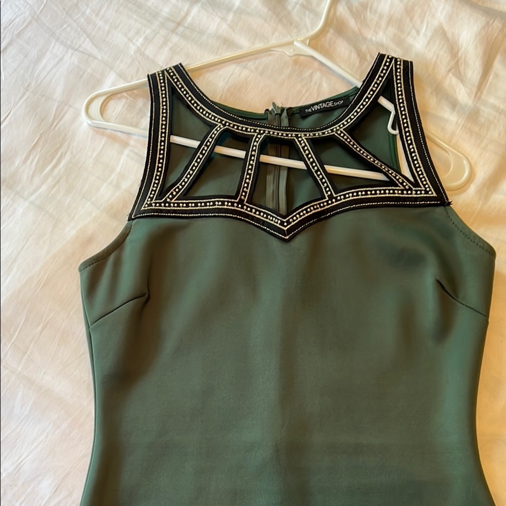 The Vintage Shop Green Dress with Black and White Detailing